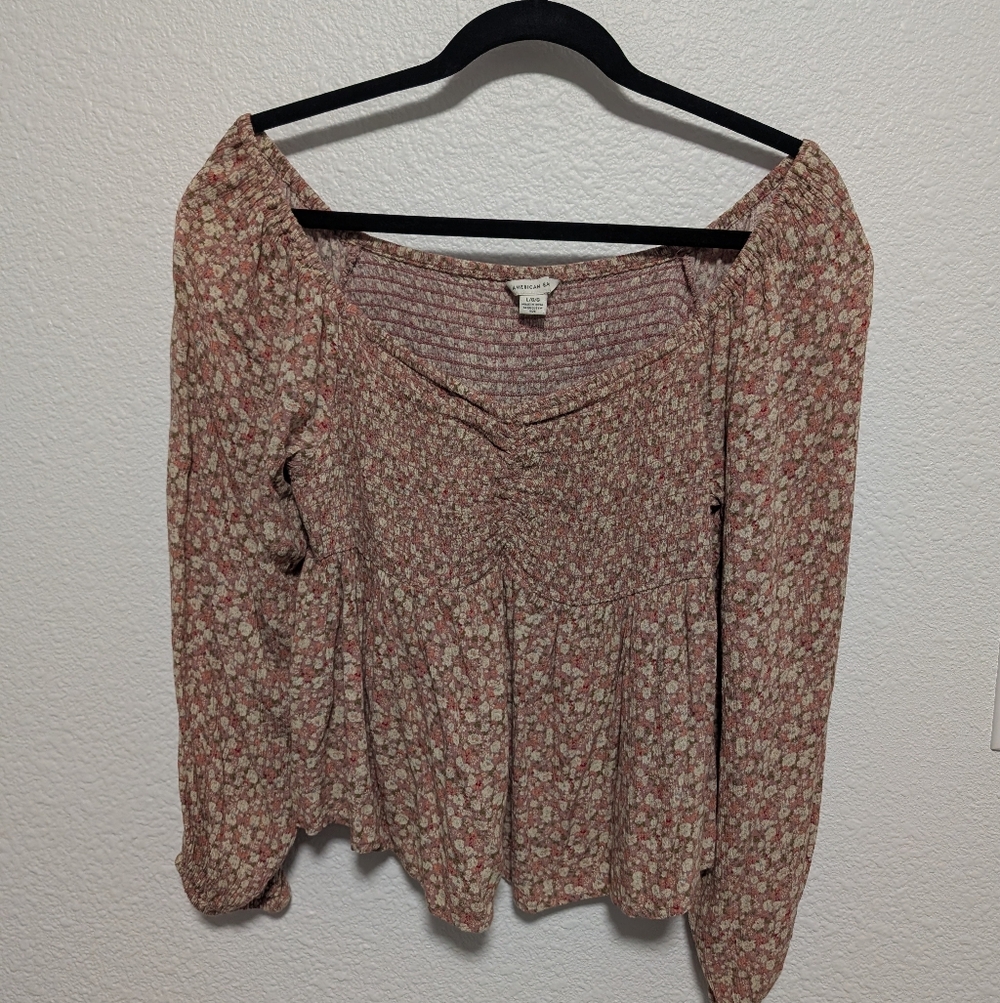 American Eagle Outfitters Rose Floral Long-Sleeve Smocked Peasant Top